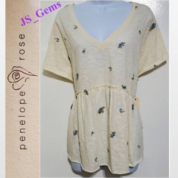 New Plus 2X Tiered Peasant Cream Hi Low Top With Blue Embroidered Flowers - Picture 1 of 16